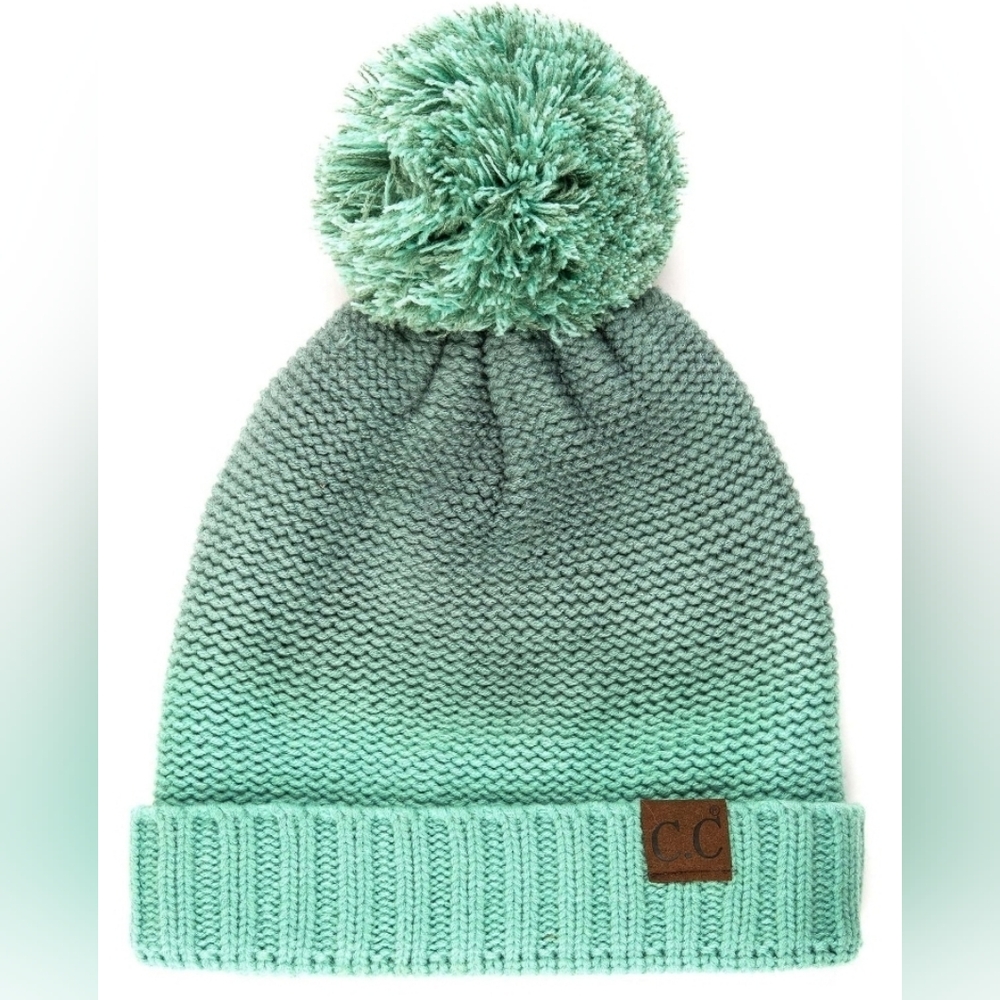 $ CC Exclusives Ombré Mint, Aqua Color Pom Pom Cuffed Beanie EUC